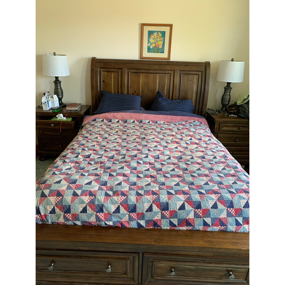 Patchwork‎ Style Quilt 88x96 Full Queen Red Blue Farmhouse Bedspread